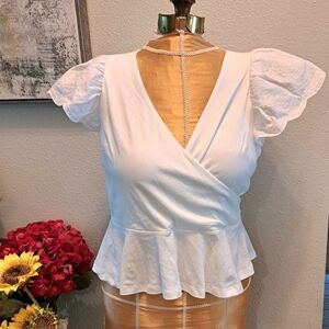 Express White Surplice Top Scalloped Sleeves - Med -NWT